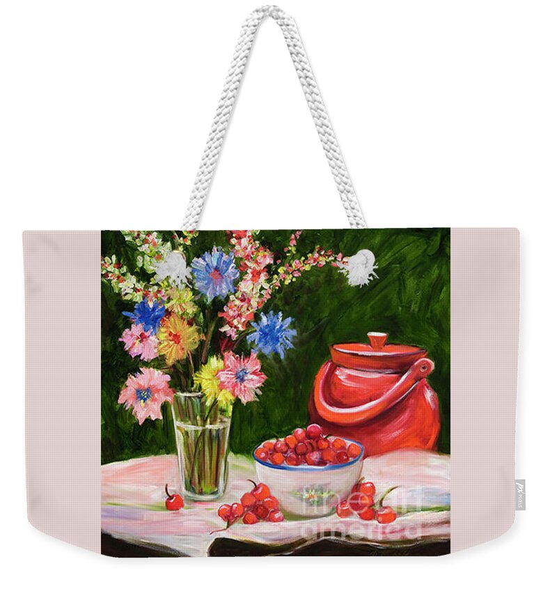  Weekender Tote Bag featuring the painting Red Pot and Cherries by Pati Pelz
