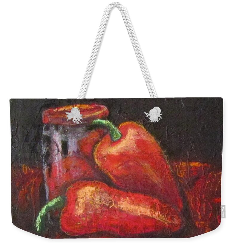 Peppers Weekender Tote Bag featuring the painting Red Red Red Jalapenos by Barbara O'Toole