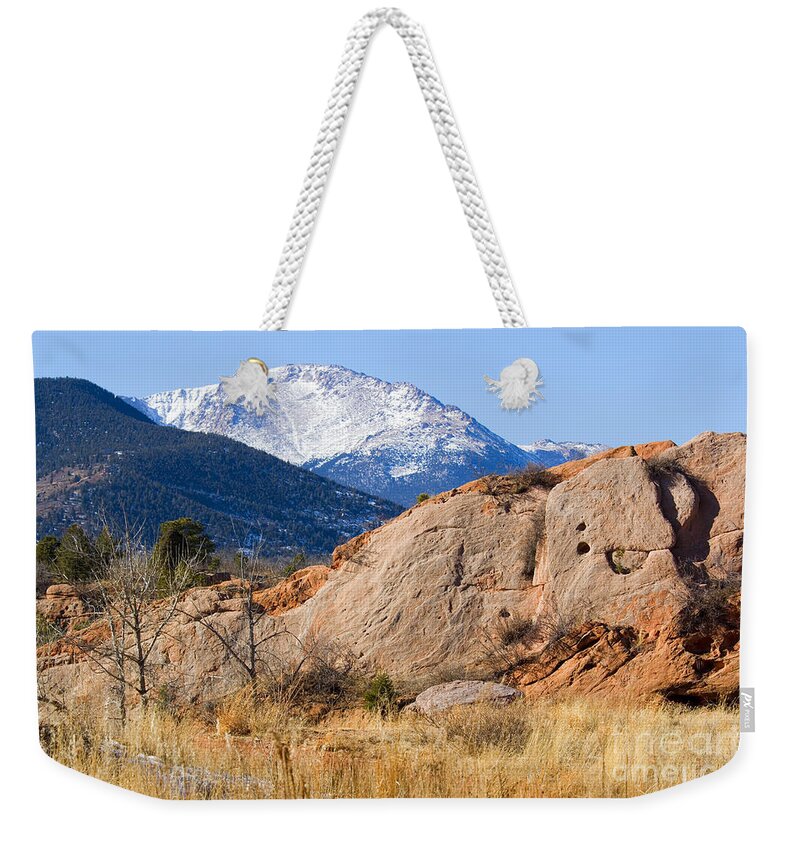 Bikers Weekender Tote Bag featuring the photograph Red Rock and Pikes Peak by Steven Krull