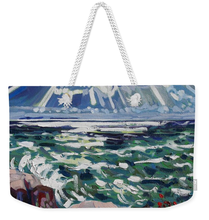 Killarney Weekender Tote Bag featuring the painting Red Rock Crepuscular Rays by Phil Chadwick