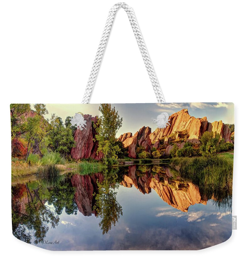 Colorado Weekender Tote Bag featuring the photograph Colorado Roxborough Park and Arrowhead golf course Red Rocks Reflection by O Lena