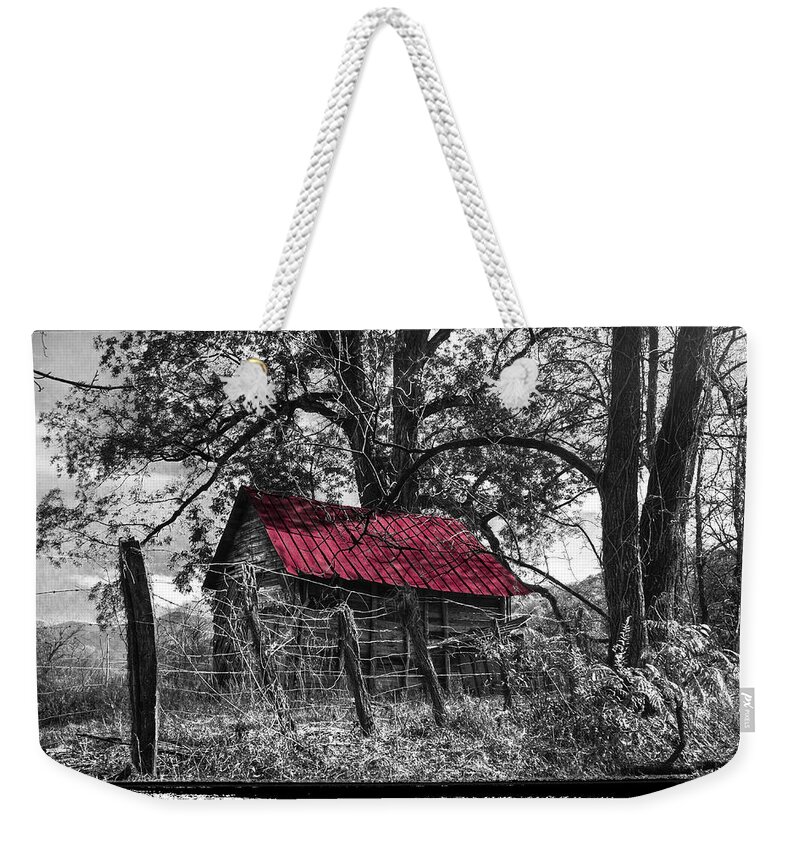 Andrews Weekender Tote Bag featuring the photograph Red Roof Black and White by Debra and Dave Vanderlaan