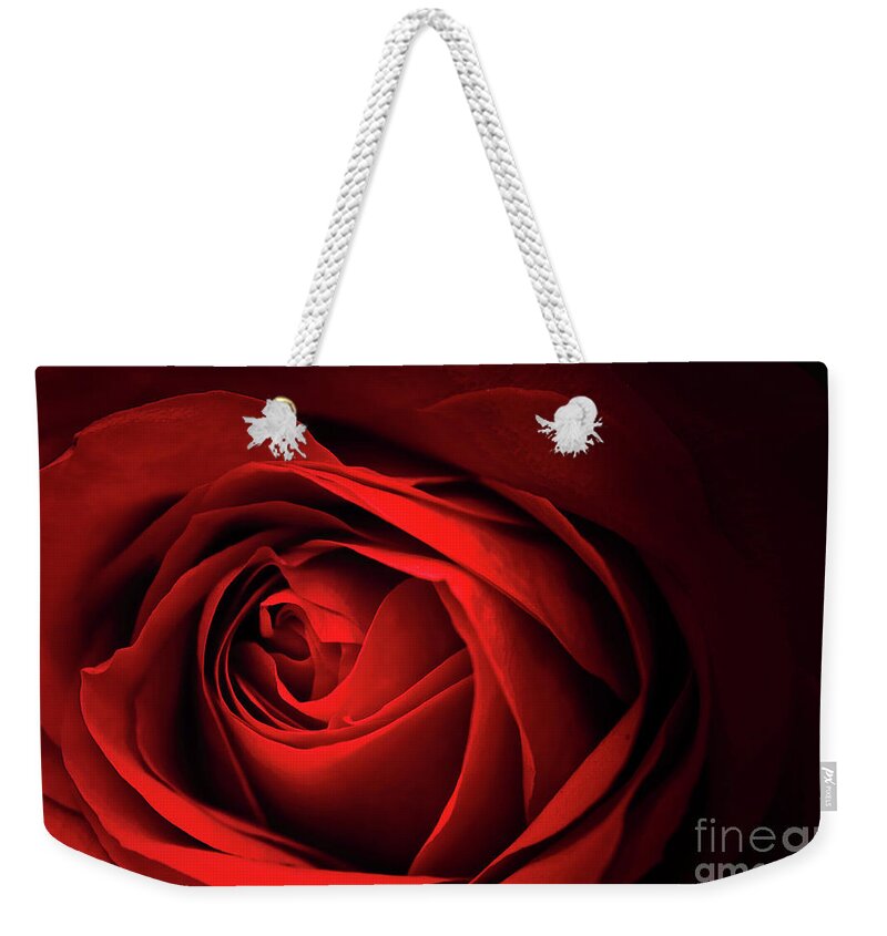 Red Weekender Tote Bag featuring the photograph Red Rose Close by Charline Xia