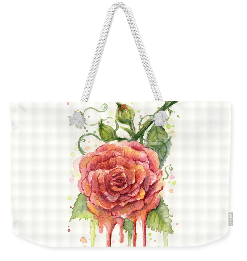 Rose Weekender Tote Bag featuring the painting Red Rose Dripping Watercolor by Olga Shvartsur