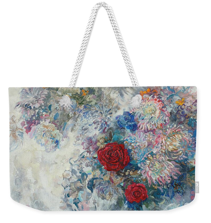 Maya Gusarina Weekender Tote Bag featuring the painting Red Roses by Maya Gusarina