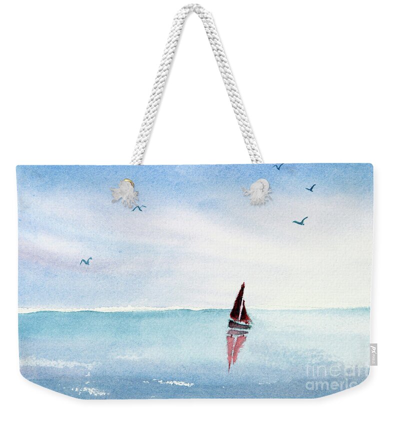 Sail Boat Weekender Tote Bag featuring the painting Red Sails on a Blue Sea by Pattie Calfy