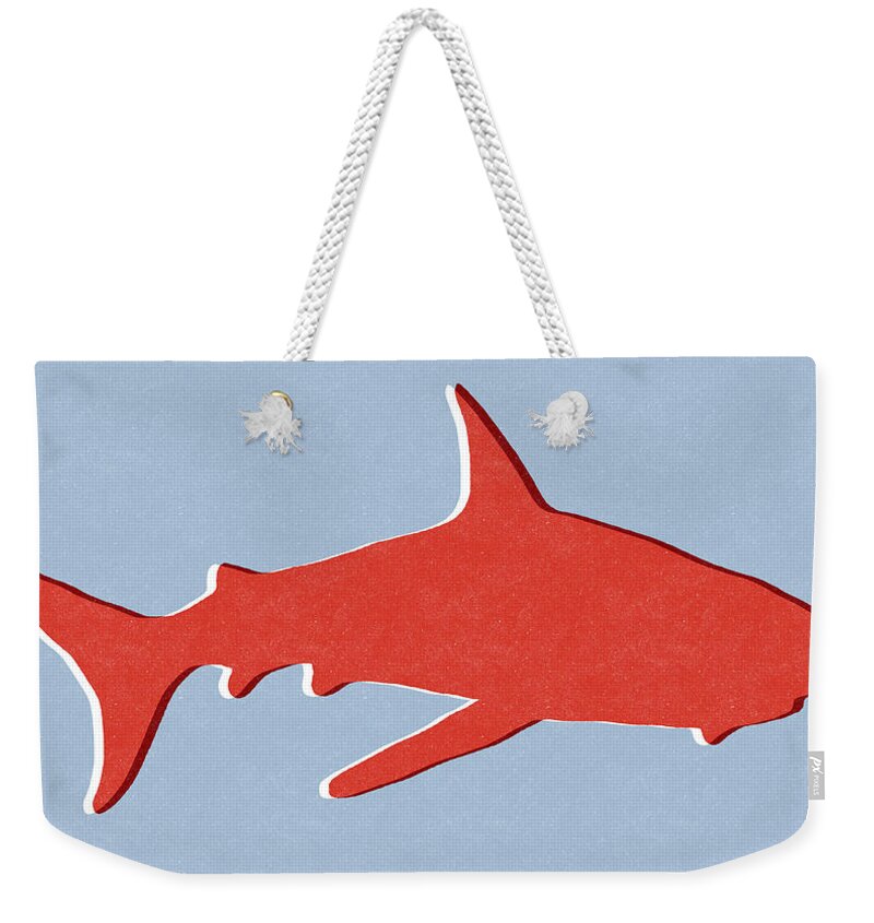 Shark Weekender Tote Bag featuring the mixed media Red Shark by Linda Woods