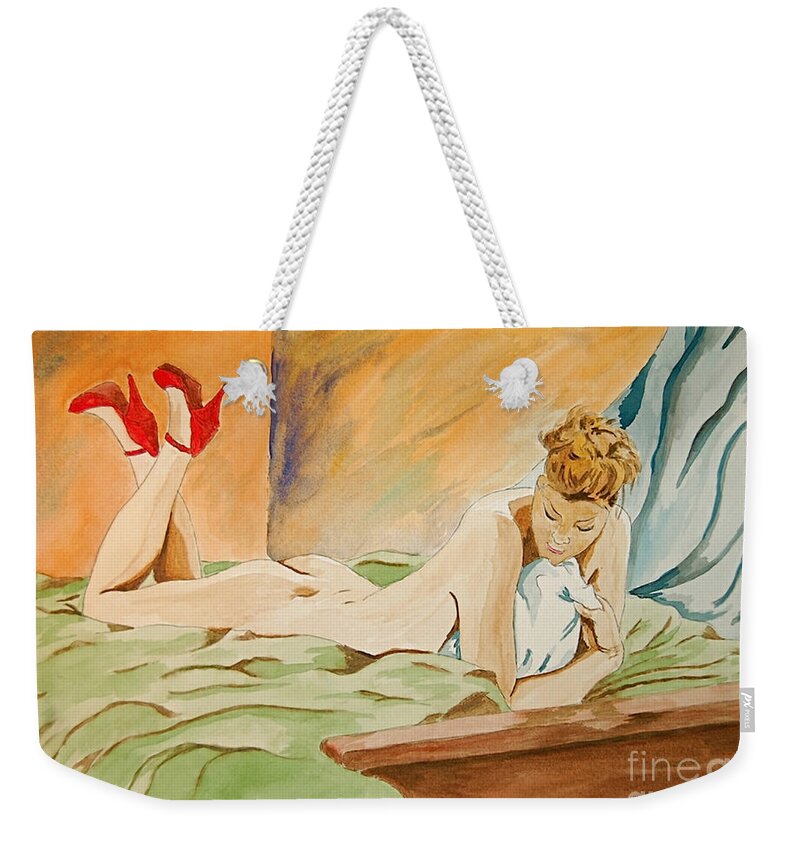 Nude Weekender Tote Bag featuring the painting Red Shoes by Herschel Fall