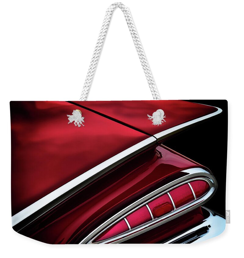 Transportation Weekender Tote Bag featuring the digital art Red Tail Impala Vintage '59 by Douglas Pittman