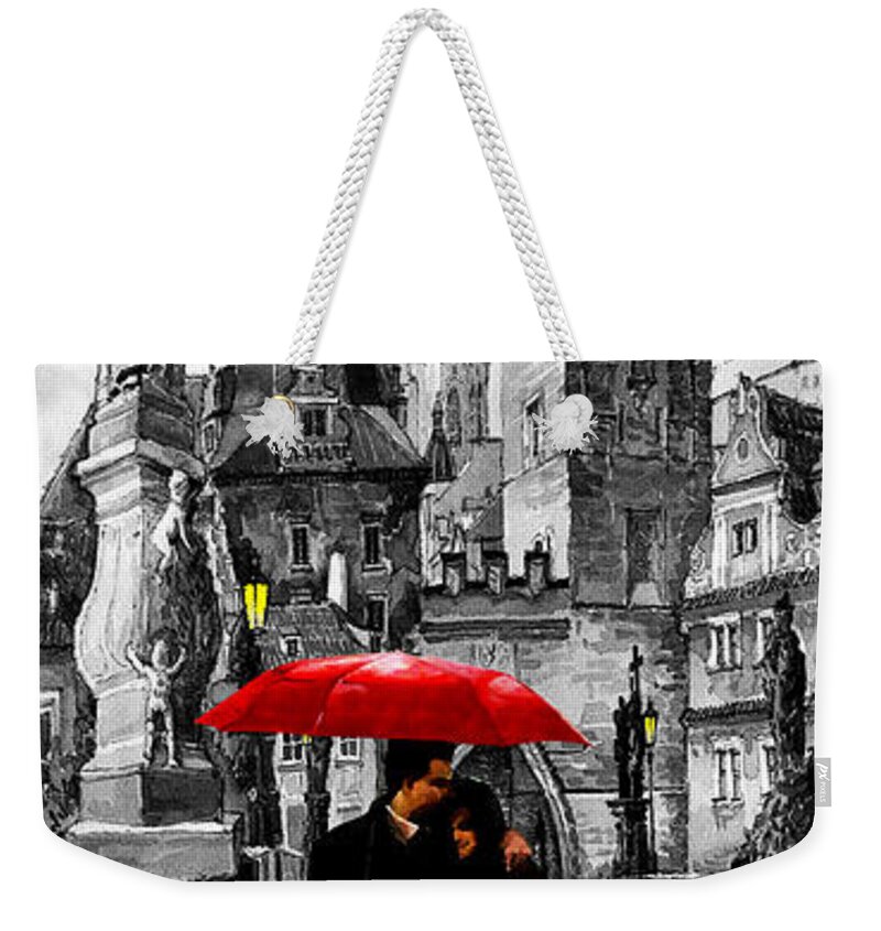 Mix Media Weekender Tote Bag featuring the mixed media Red Umbrella by Yuriy Shevchuk