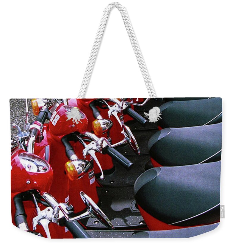 Vancouver Weekender Tote Bag featuring the photograph Red Vespas by Ross Henton