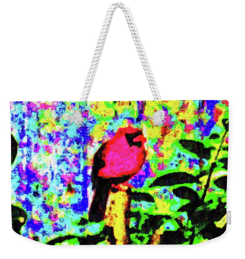 Chromatic Poetics Weekender Tote Bag featuring the digital art Redbird Dreaming about Why Love is Always Important by Aberjhani