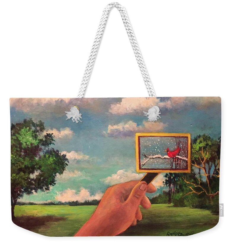 Redbird Weekender Tote Bag featuring the painting Redbird Wishes For Snow by Rand Burns