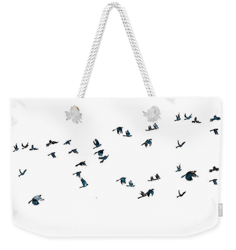 Blackbird Weekender Tote Bag featuring the digital art Redwing Blackbirds in Flight by Thomas Hamm