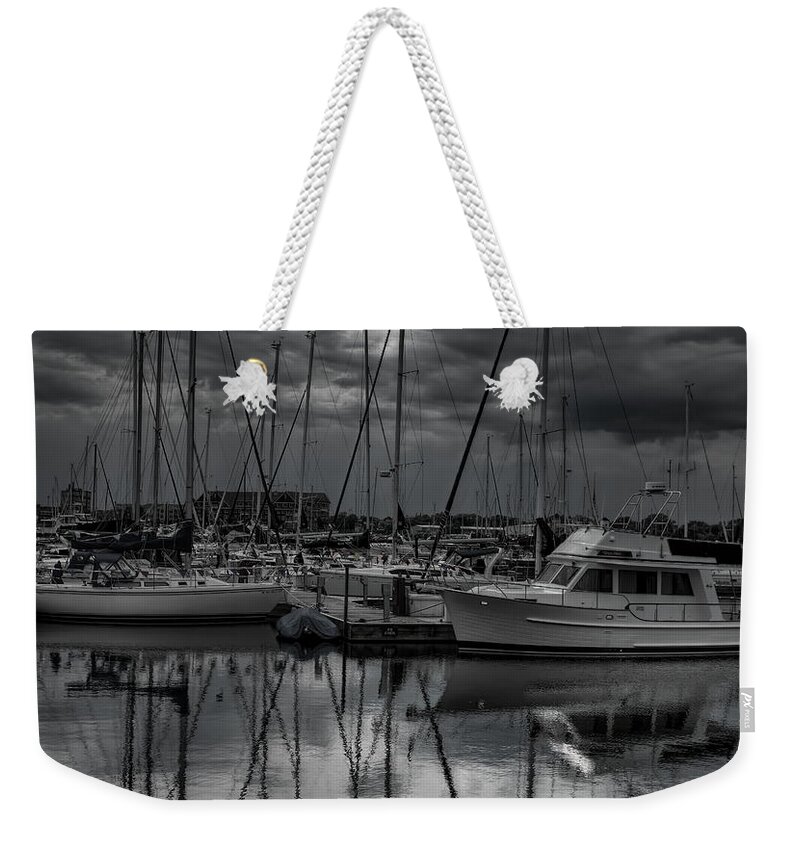 Black And White Weekender Tote Bag featuring the photograph Reefpoint Marina Black and White Square Format by Dale Kauzlaric
