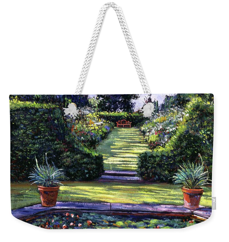 Gardens Weekender Tote Bag featuring the painting Reflecting Pond by David Lloyd Glover