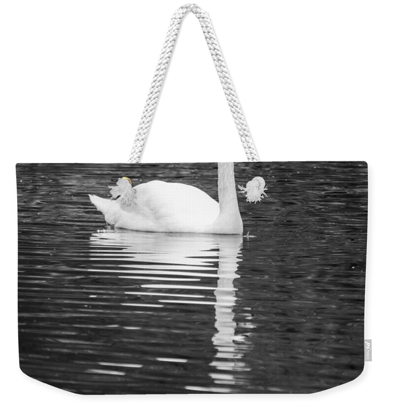 Lake Weekender Tote Bag featuring the photograph Reflection of a white swan 2 by AM FineArtPrints