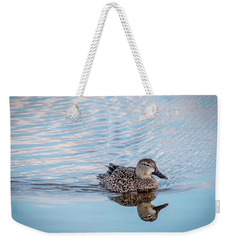 Myeress Weekender Tote Bag featuring the photograph Reflection of Duck by Joe Myeress