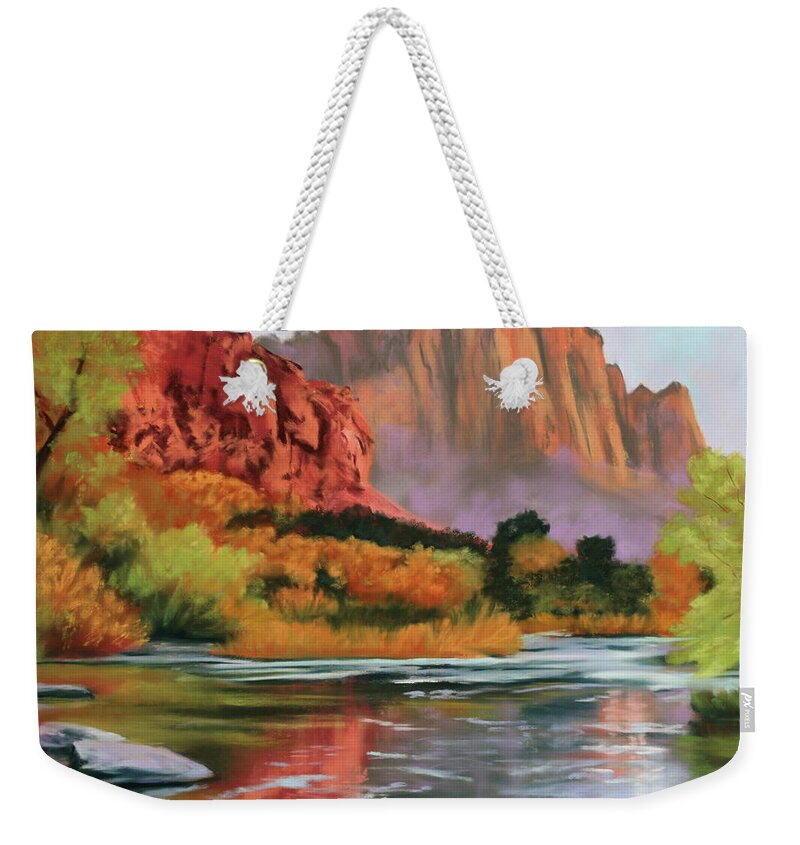 Landscape Weekender Tote Bag featuring the painting Reflections of Morning by Sandi Snead
