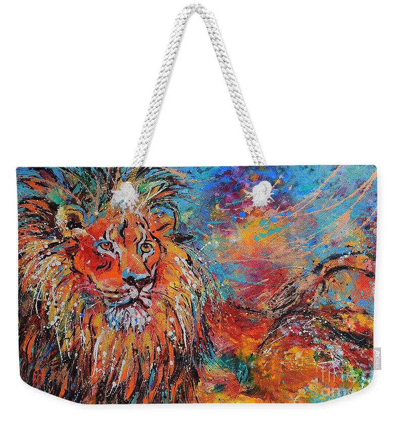 African Wildlife Weekender Tote Bag featuring the painting Regal Lion by Jyotika Shroff