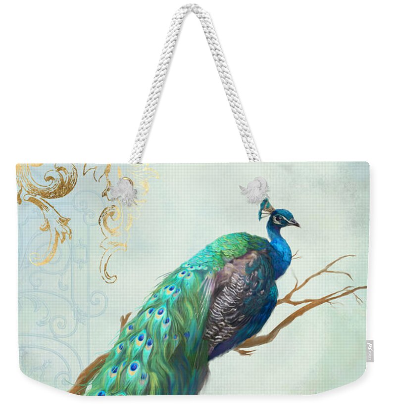 Peacock On Tree Branch Weekender Tote Bag featuring the painting Regal Peacock 1 on Tree Branch w Feathers Gold Leaf by Audrey Jeanne Roberts