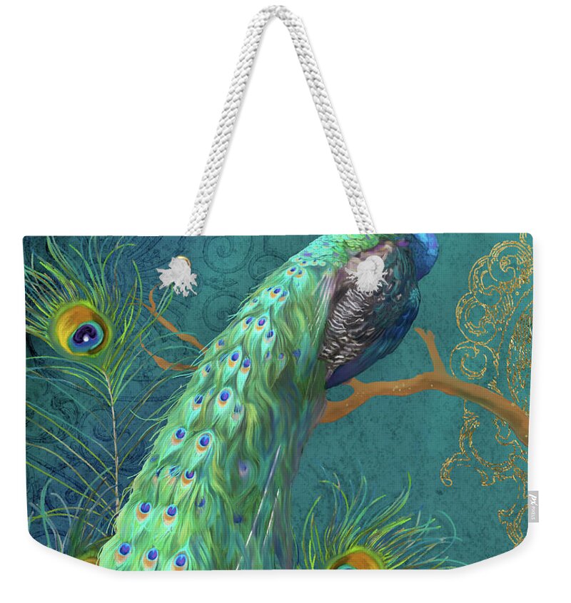 Peacock Weekender Tote Bag featuring the painting Regal Peacock 3 Midnight by Audrey Jeanne Roberts