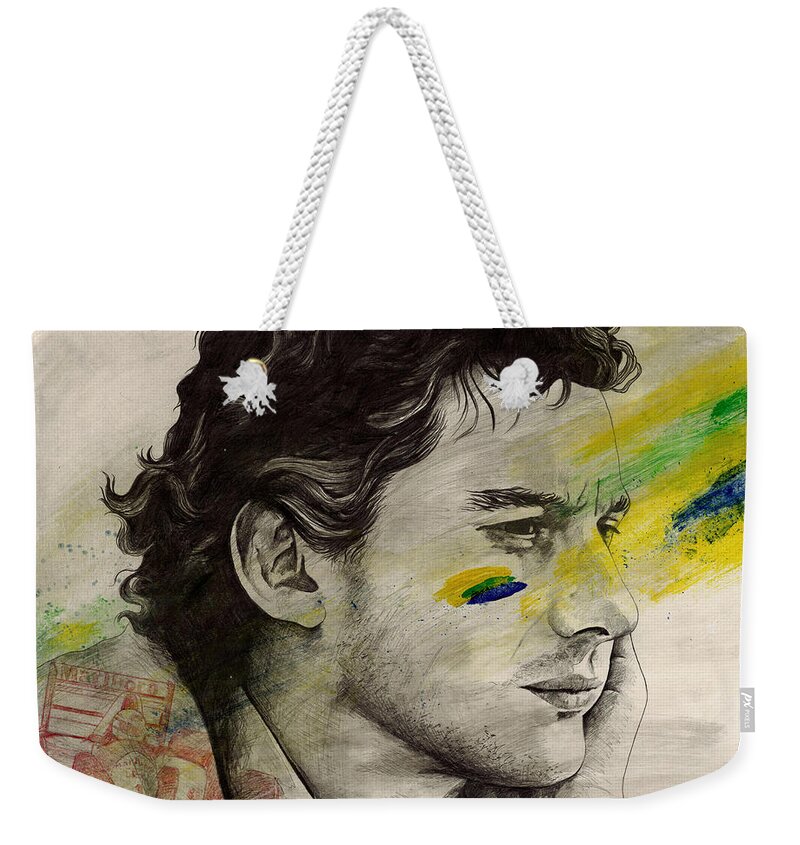 Ayrton Weekender Tote Bag featuring the drawing Rei do Brasil - Tribute to Ayrton Senna da Silva by Marco Paludet