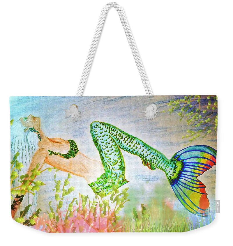 Rainbow Mermaid Art Weekender Tote Bag featuring the mixed media Mermaid Relaxing In The Shallows by Pamela Smale Williams