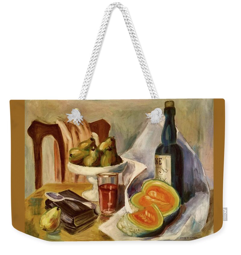 Relaxing Weekender Tote Bag featuring the painting Relaxing with Wine Fruit and Books by Mary Krupa by Bernadette Krupa