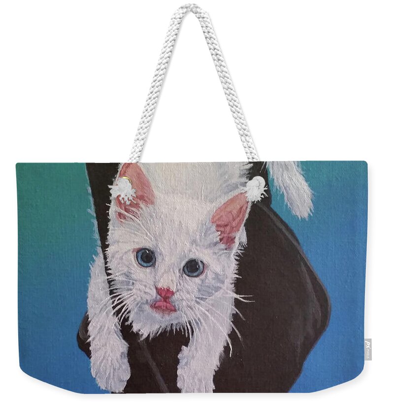 White Kitten Weekender Tote Bag featuring the painting Rembrandt Justa Swingin by Wendy Shoults