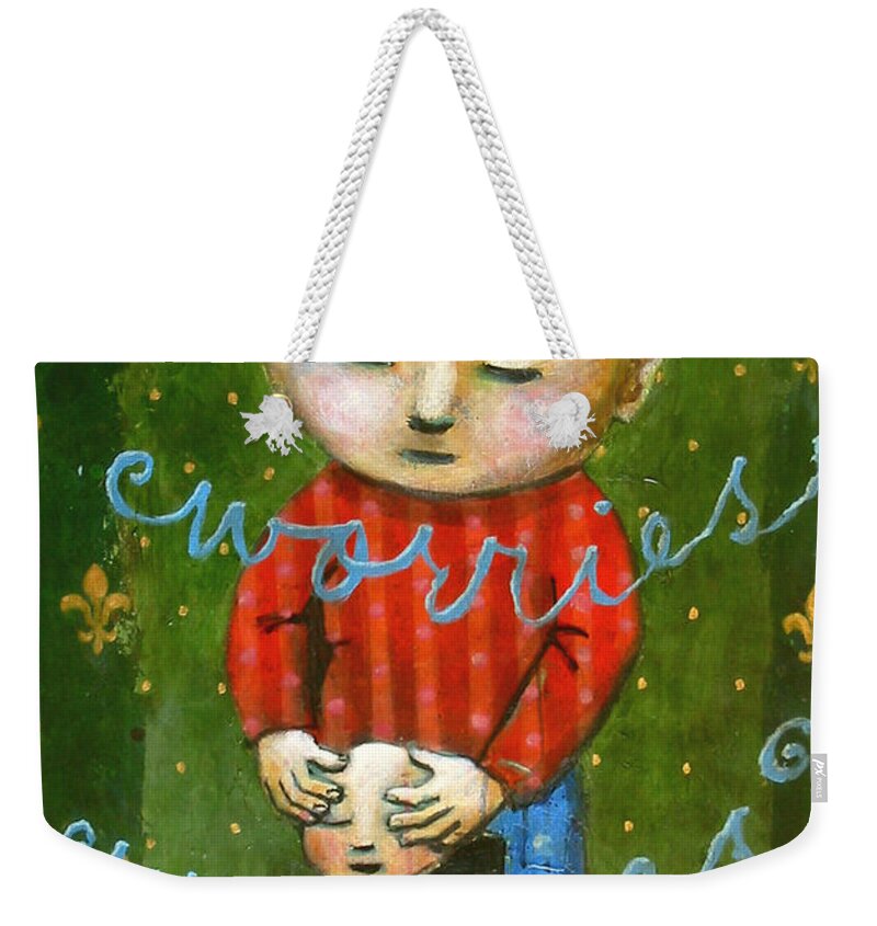 Text Weekender Tote Bag featuring the painting Removing Your Worries by Pauline Lim