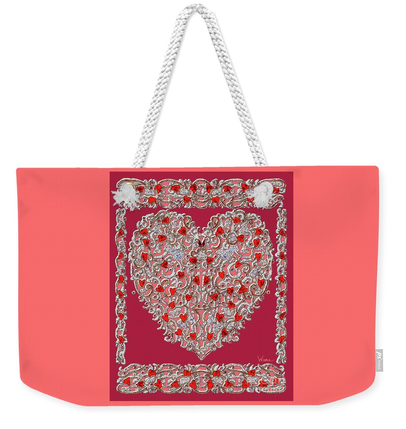 Lise Winne Weekender Tote Bag featuring the digital art Renaissance Style Heart with Dark Red Background by Lise Winne