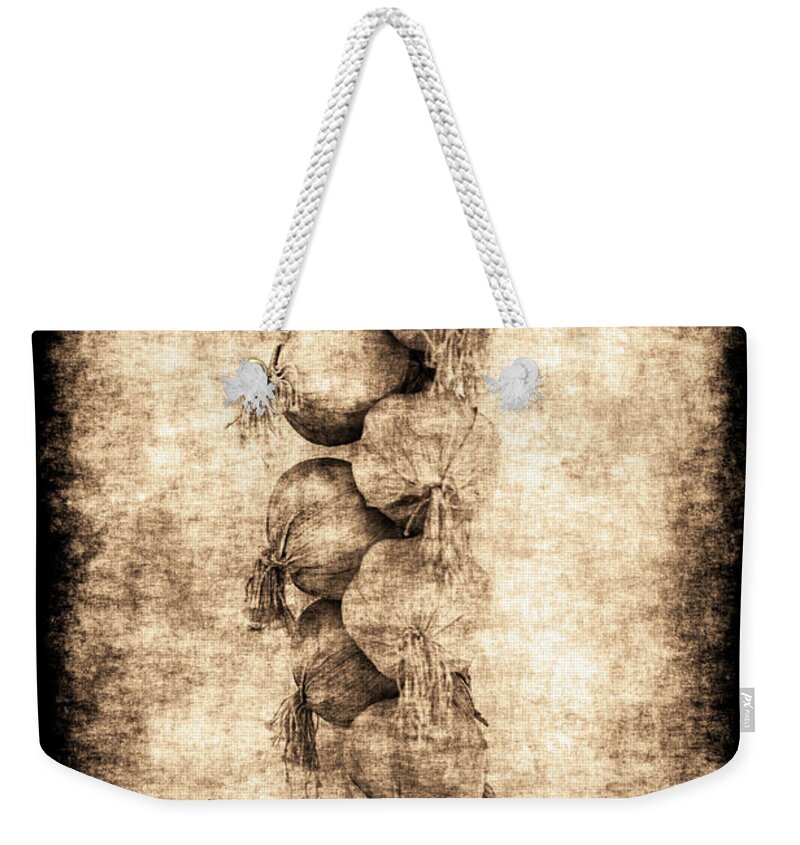 Dried Garlic Bulbs Vegetable Still Life Distressed Sepia Fine Art Antique Renaissance  Weekender Tote Bag featuring the photograph Renasiaance Garlic by Jennifer Wright