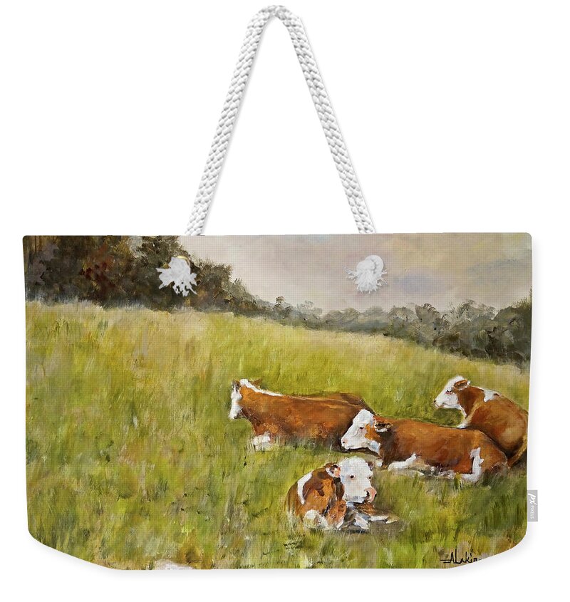 Cows Weekender Tote Bag featuring the painting Repose by Alan Lakin