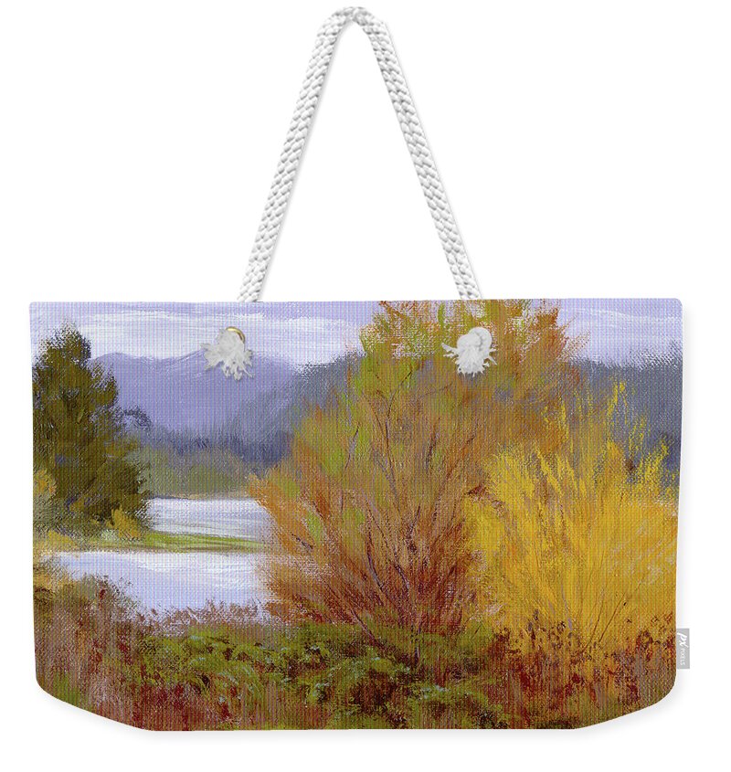 Water Weekender Tote Bag featuring the painting Reservoir Spring by Karen Ilari