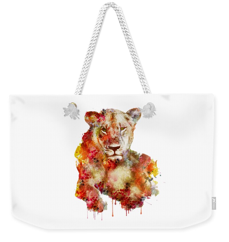 Marian Voicu Weekender Tote Bag featuring the painting Resting Lioness in watercolor by Marian Voicu