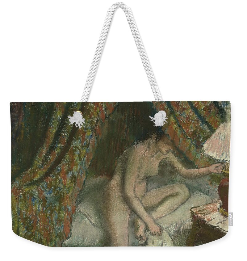 Retiring Weekender Tote Bag featuring the pastel Retiring by Edgar Degas