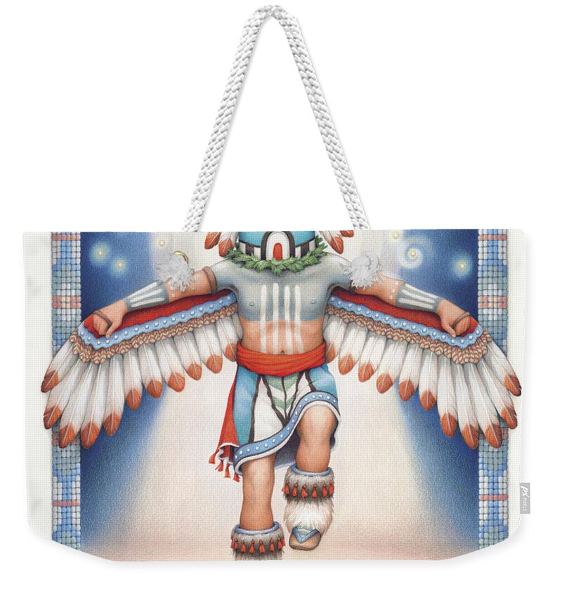 Blue Star Weekender Tote Bag featuring the drawing Return of the Blue Star Kachina by Amy S Turner