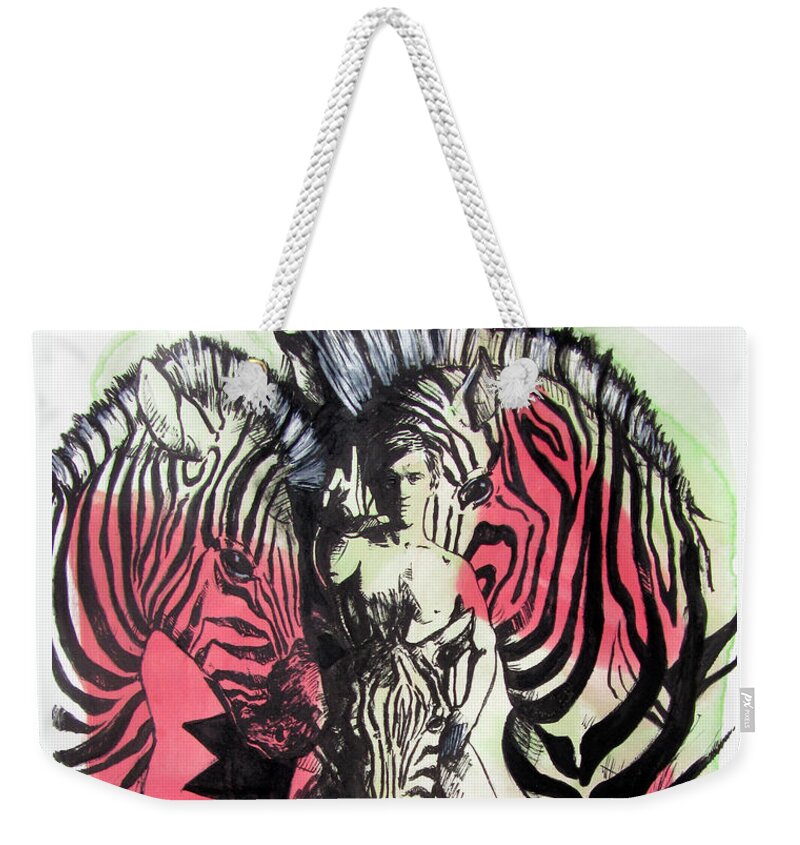 Zebra Weekender Tote Bag featuring the painting Return of Zebra Boy by Rene Capone