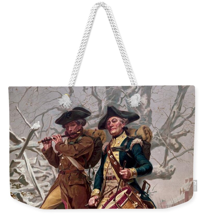 Minutemen Weekender Tote Bag featuring the painting Revolutionary War Soldiers Marching by War Is Hell Store