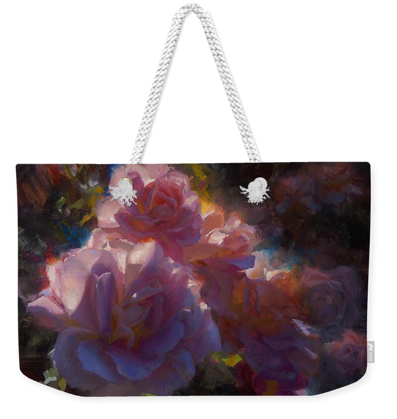 Paintings Of Roses Weekender Tote Bag featuring the painting Rhapsody Roses - Flowers in the Garden Painting by K Whitworth