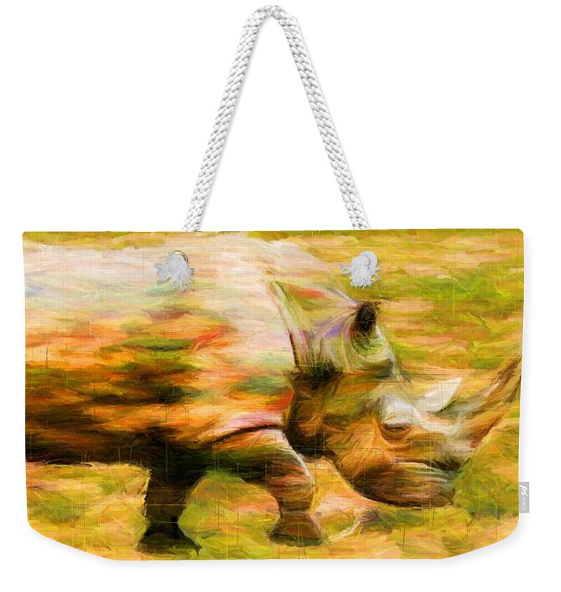Rhinocerace Weekender Tote Bag featuring the digital art Rhinocerace by Caito Junqueira