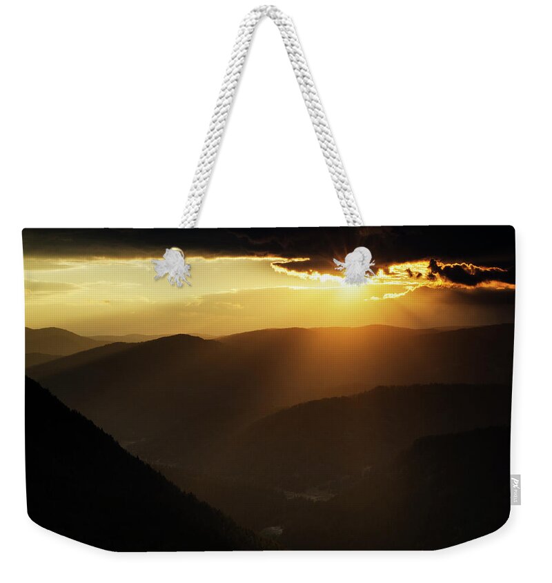 Eagle's Eye Weekender Tote Bag featuring the photograph Rhodope Mountains at sunset by Steve Somerville