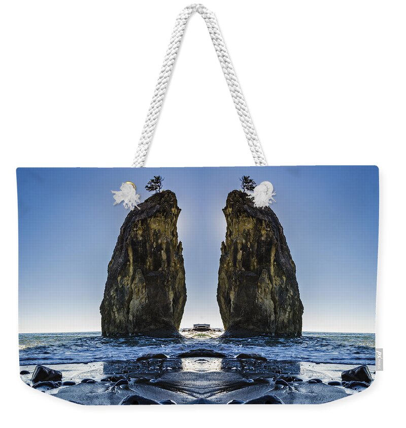 Scenery Weekender Tote Bag featuring the digital art Rialto Beach Sea Stack Reflection by Pelo Blanco Photo