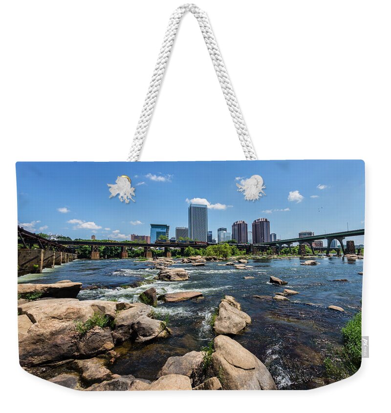 Richmond Weekender Tote Bag featuring the photograph Richmond Skyline and CSX train by Stacy Abbott