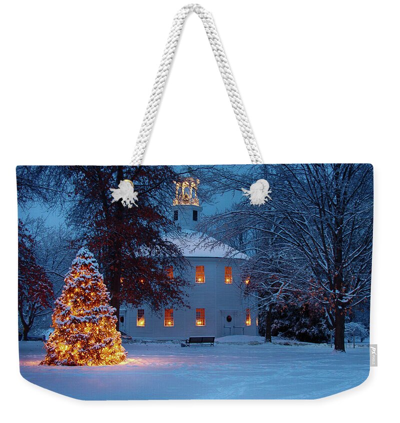 Round Church Weekender Tote Bag featuring the photograph Richmond Vermont round church at Christmas by Jeff Folger