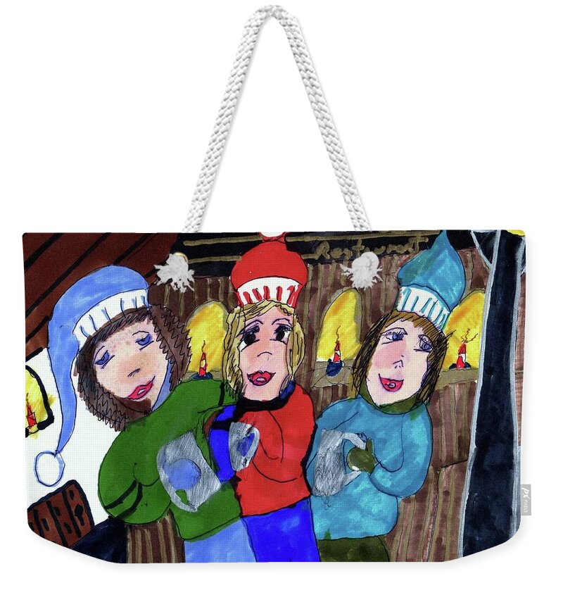 3 Ladies Drinking Ale Out Side Of The Fireside Restaurant Weekender Tote Bag featuring the mixed media Ring in the New Year with a Cup of Cheer by Elinor Helen Rakowski