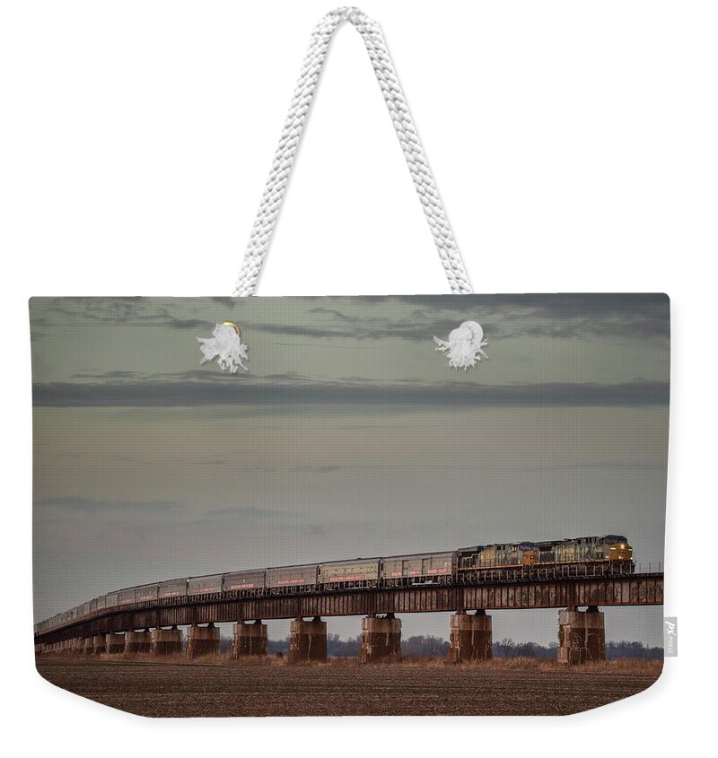 Railroad Tracks Weekender Tote Bag featuring the photograph Ringling Bros and Barnum - Bailey Blue Circus Train at Rahm Indiana by Jim Pearson