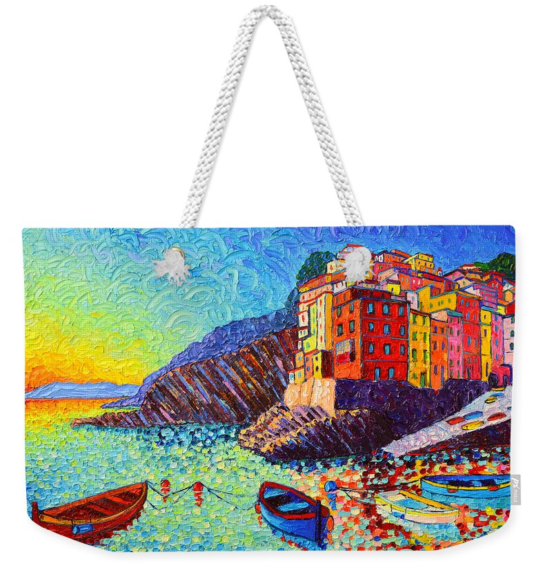 Riomaggiore Weekender Tote Bag featuring the painting Riomaggiore Sunset - Cinque Terre Italy - Palette Knife Oil Painting By Ana Maria Edulescu by Ana Maria Edulescu