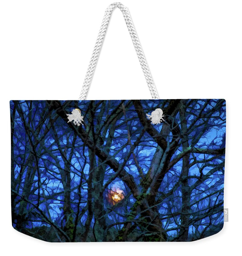 Moon Weekender Tote Bag featuring the digital art Rising Moon Through the Trees by Lisa Lemmons-Powers